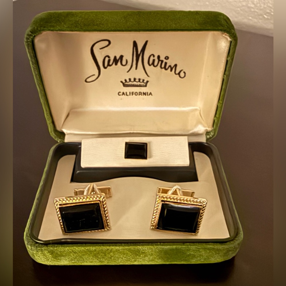 Vintage San Marino Gold Onyx Cufflinks Set 🖤 Tie Tack Formal Mens Jewelry